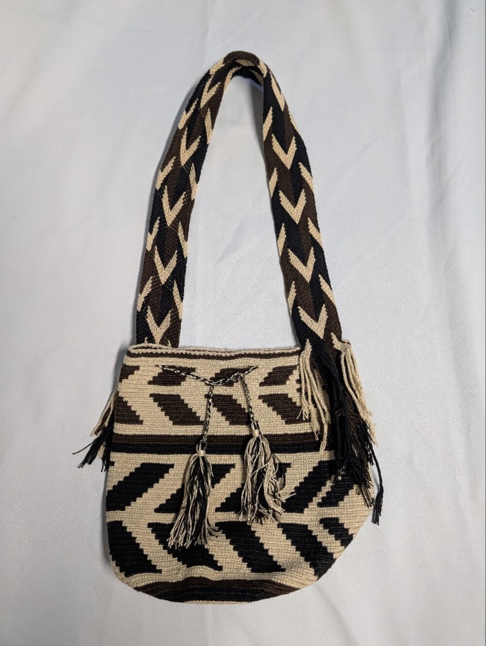 Columbian Woven Black and Cream Wayuu mochila Shoulder bag with Tassel Accent